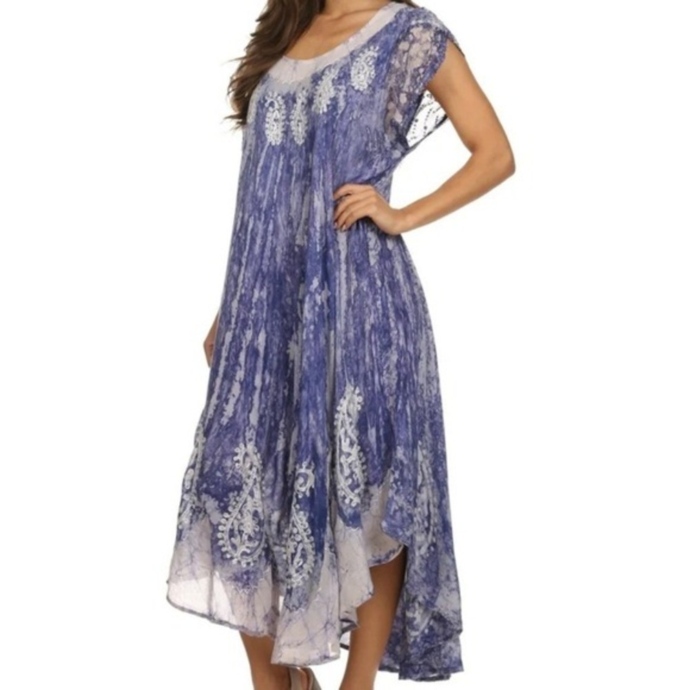 Sakkas Purple Batik Paisley Embroidered Handkerchief Hem Cotton Dress OS
